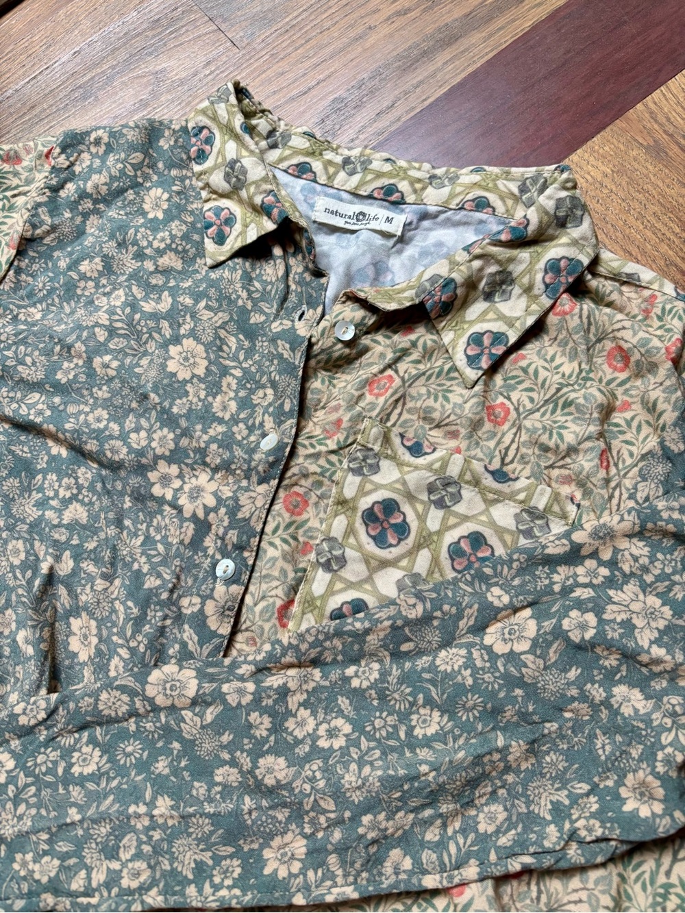 Natural Life Mixed Print Tie Front Button Up Blouse Size M Boho Floral Patchwork - Picture 9 of 9